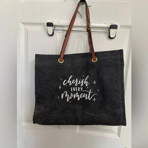 Most Wanted Charcoal gray black canvas tote bag "Cherish Every Moment"